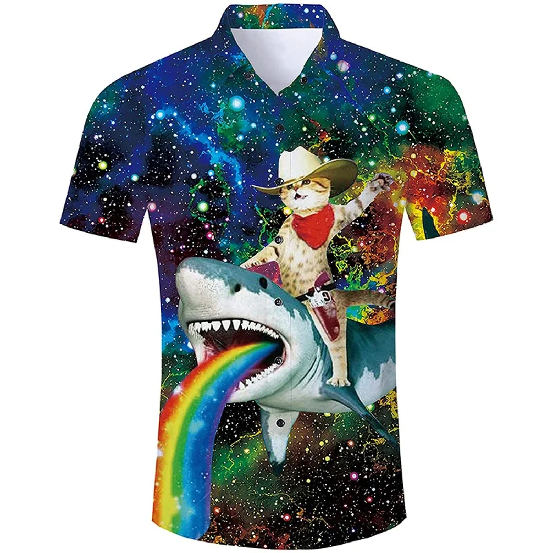 Space Cat Riding Shark Funny Hawaiian Shirt