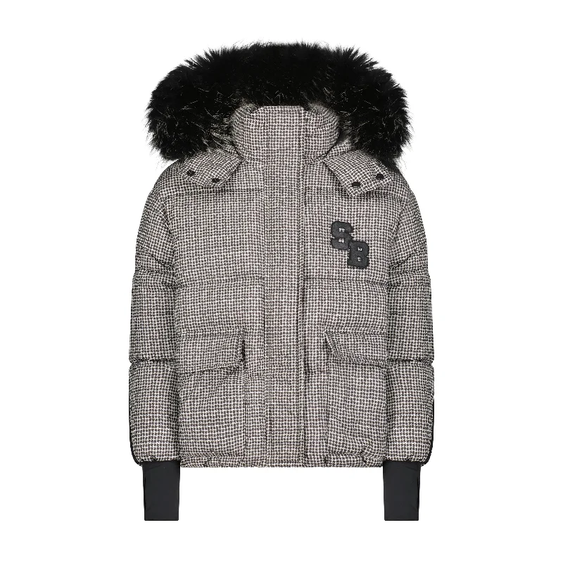 SCOTCH BONNET BLACK/WHITE HOUNDSTOOTH FUR TRIM COAT