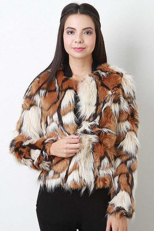 Tri-Tone Long Hair Faux Fur Coat