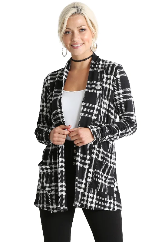 Black - Ivory Plaid Pocket Ruched Sleeve