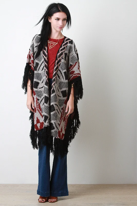 Fringe Accent Knit Pattern Longline Cardigan