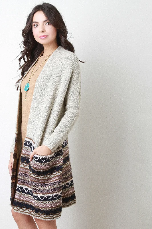 Half Patterned Ribbed Long Cardigan