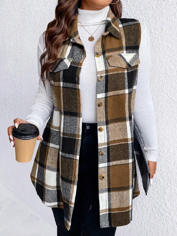 Honey Plus Size Pocketed Plaid Button Up Vest Coat