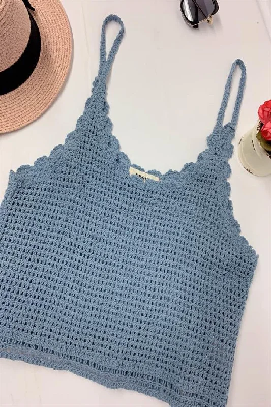 Adora Blue Knit Open Weave Tank Top