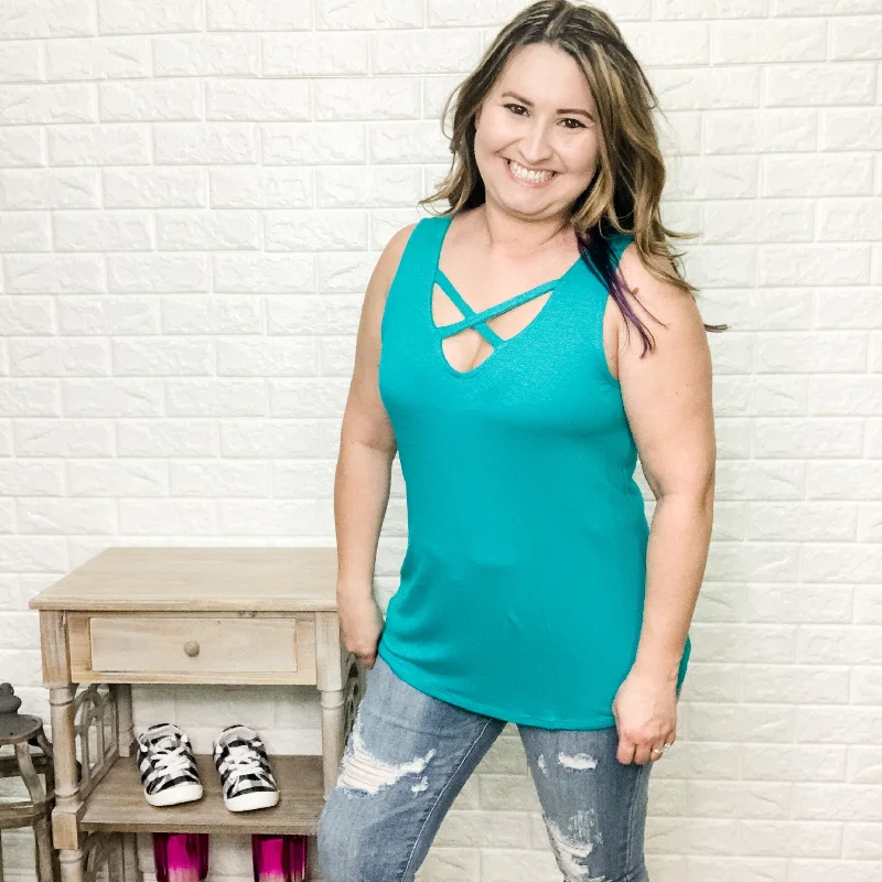 "Brittany" Criss Cross Front Tank (Teal)