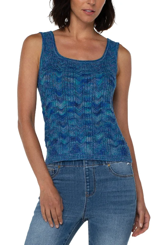 Liverpool Sleeveless Pointelle Sweater Tank In Blue Multi Check