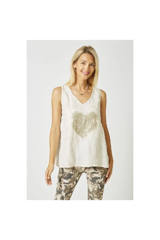 Look Mode Sequin Heart "Believe" Tank Top In Taupe