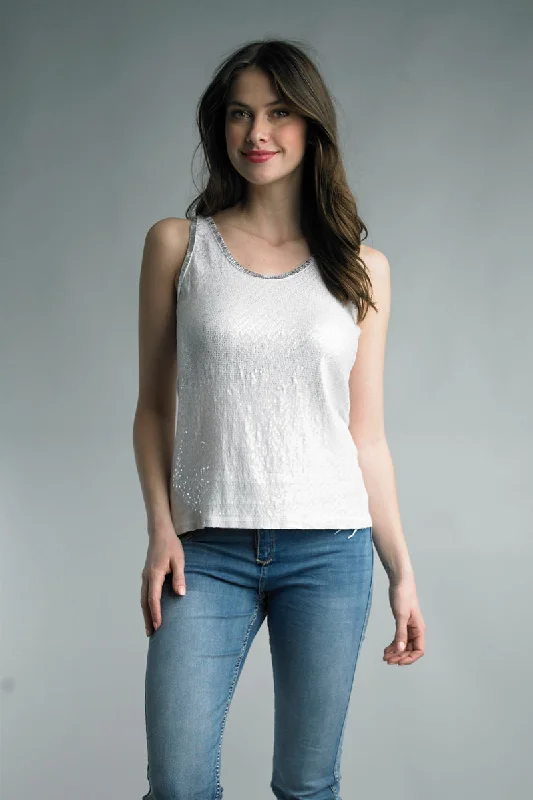 Tempo Paris White Sequin Tank With Silver Foil Trim