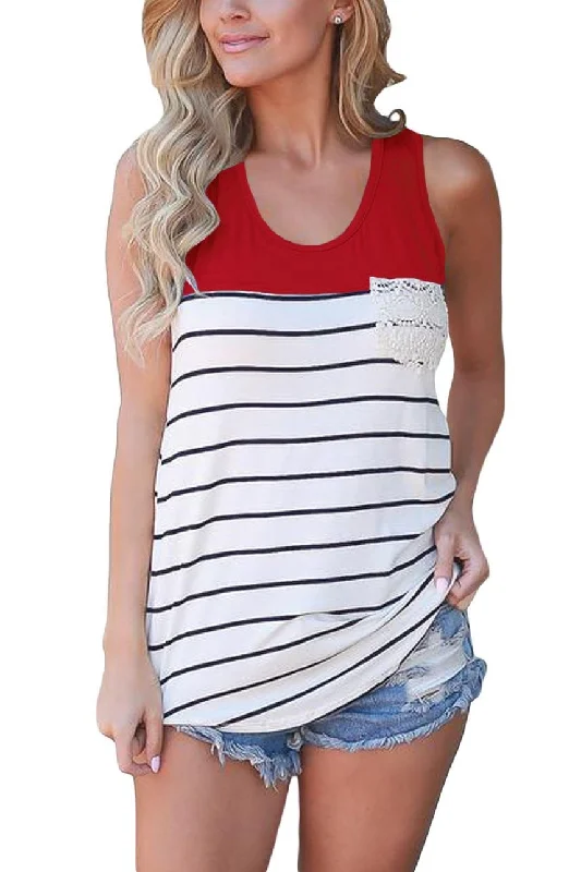 White Striped Red Block Lace Pocket Racerback Tank Top