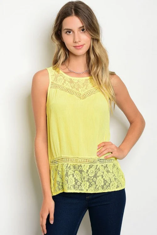 Yellow Scoop Neck Sleeveless Lace Tank Top