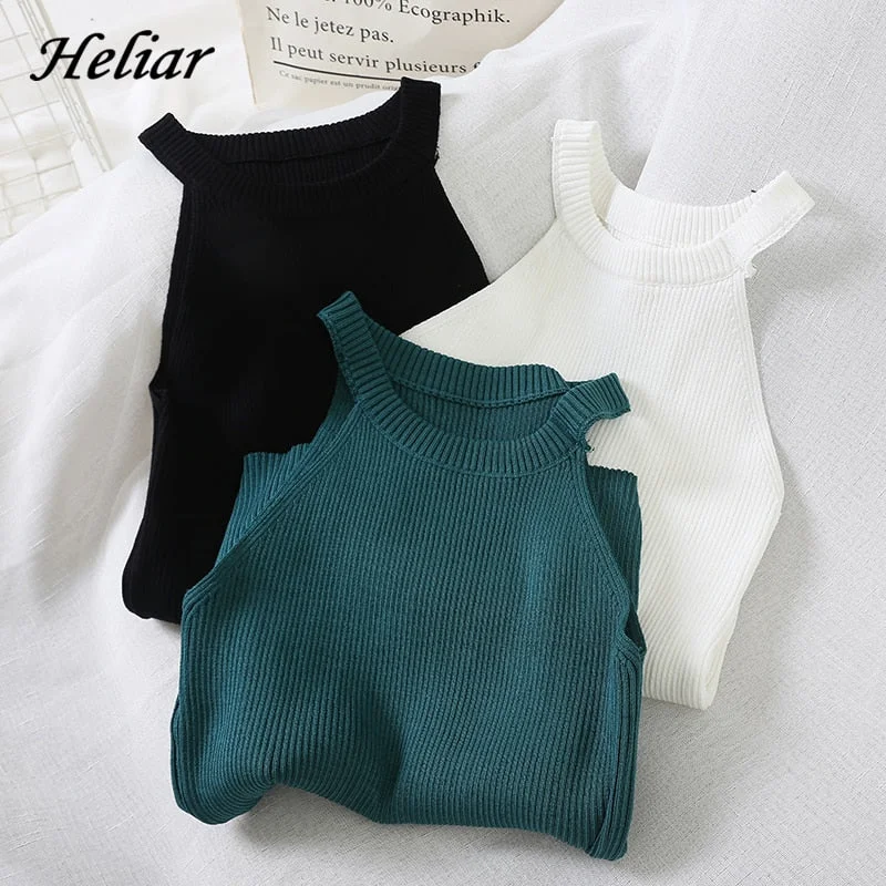 HELIAR Tops Women Crop Top Knitted Off Shoulder Club Sexy Tank Tops Female Solid O-Neck Crop Top 2020 Summer Tops For Women