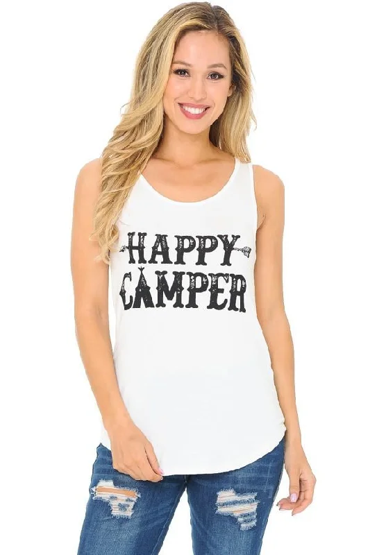 Womens Happy Camper Tank Top, Sleeveless Graphic Shirt, Sizes S/M/L, White/Black